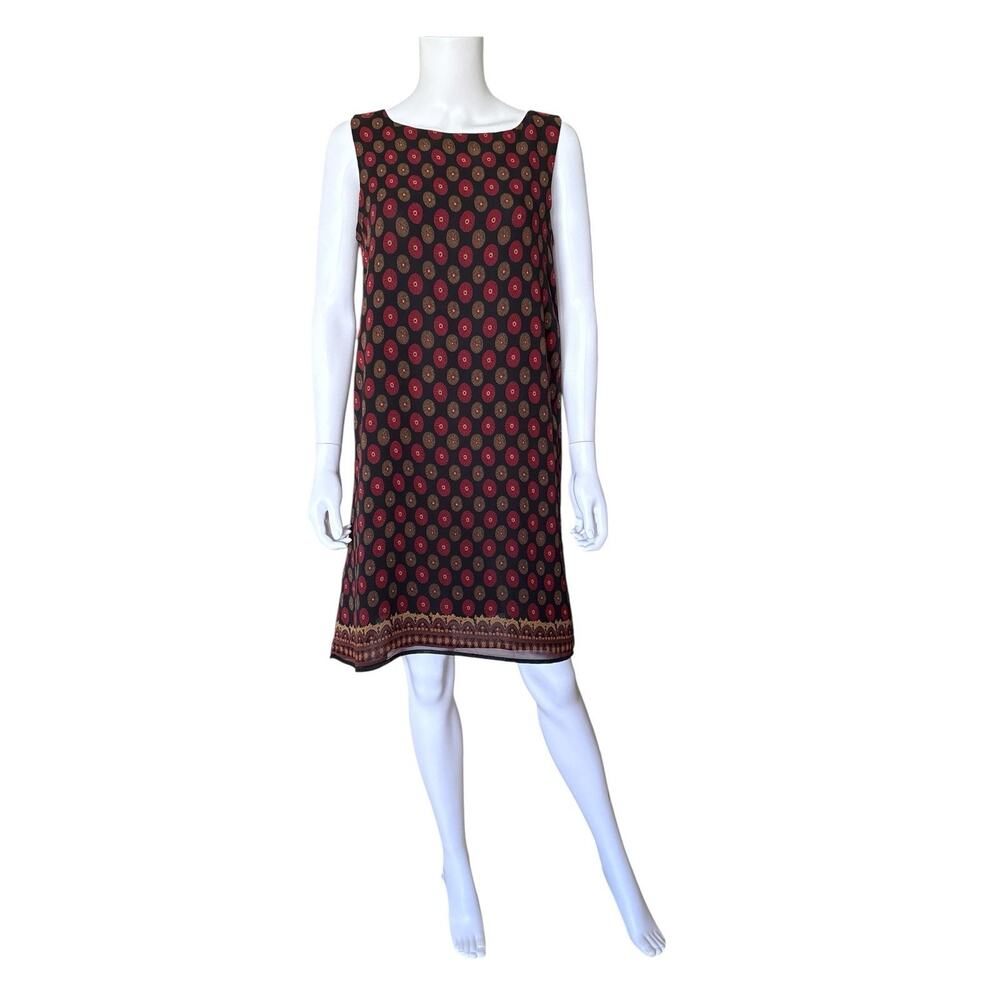 Finity Naturals Dress Womens M Black Red Silk Shift Sleeveless Medallion Border